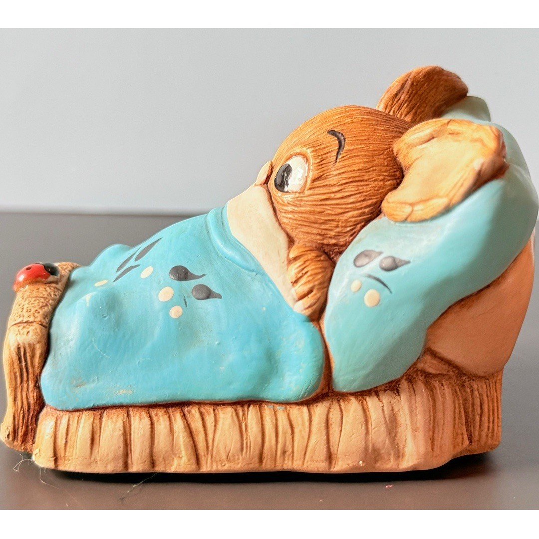 Pendelfin Rabbit Figure Wakey Bunny In Bed England Ladybug Handpainted Stoneware
