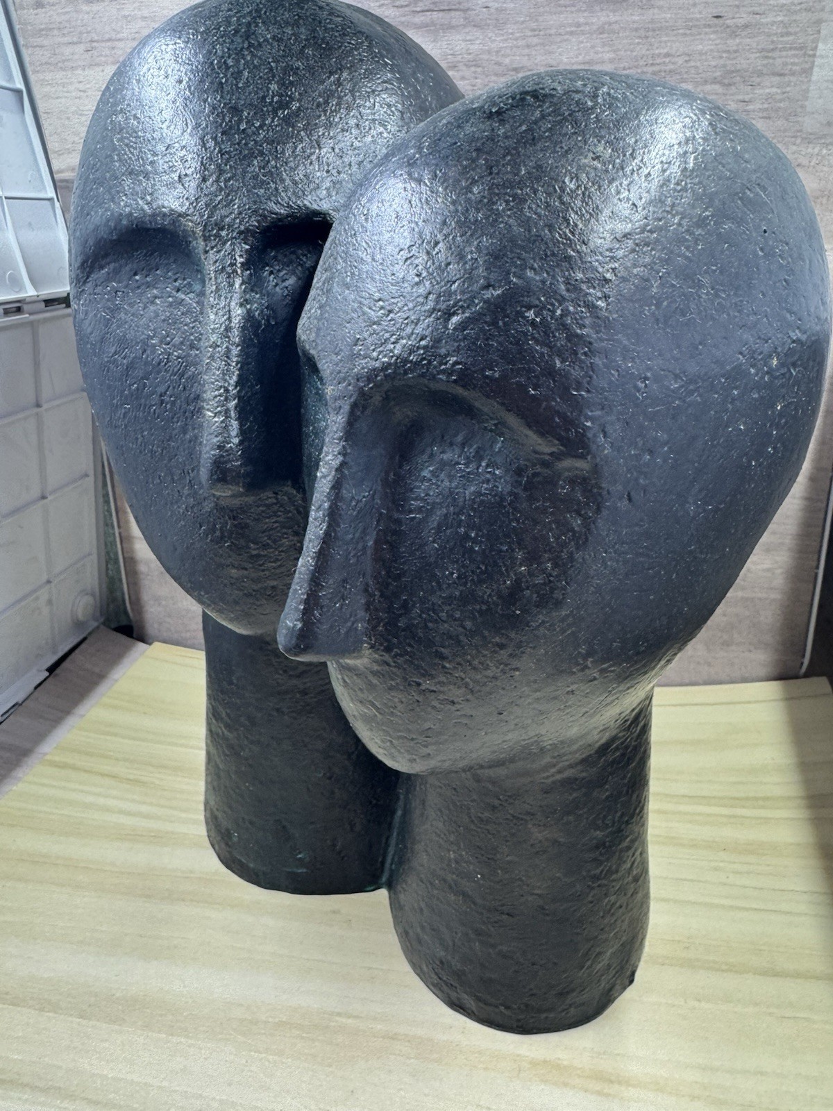 Contemporary Two Heads Resin 11” Sculpture Black Blue Patina