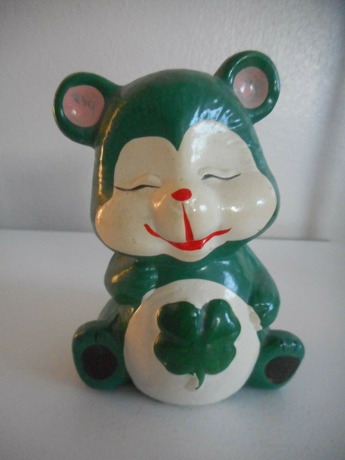 Vintage Chalkware or ceramic Green Bear Bank Carnivalware Shamrock