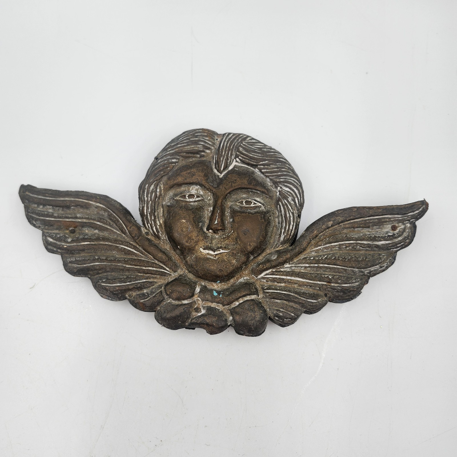 Antique Hammered Bronze Wood Cherub Putti Angel Hanging wall art 10″ Mexico