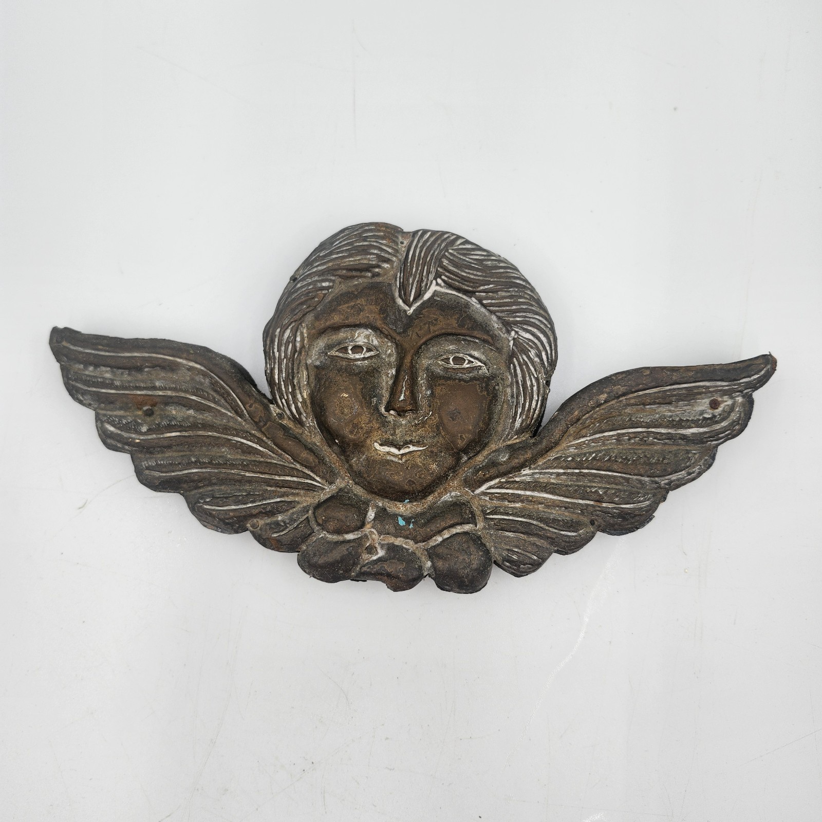 Antique Hammered Bronze Wood Cherub Putti Angel Hanging wall art 10″ Mexico
