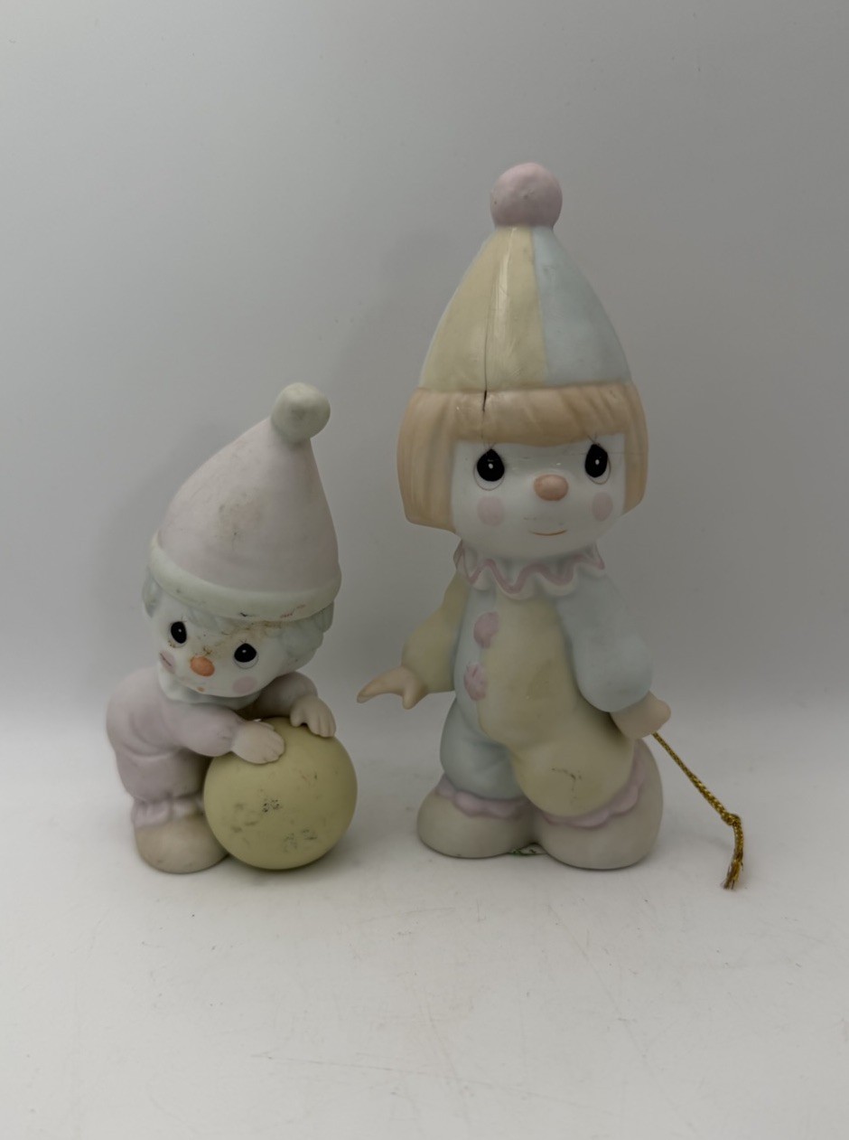 Precious Moments Clown Figurines Lot of 2 Porcelain 5” Ornament Pastel Vintage
