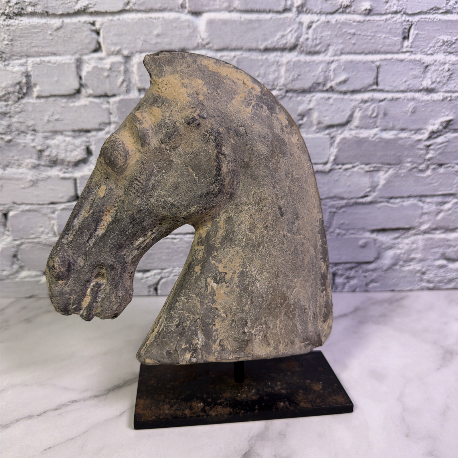Vintage/Antique Han Dynasty Pottery Horse Head Replica w/Custom Metal Stand 8in