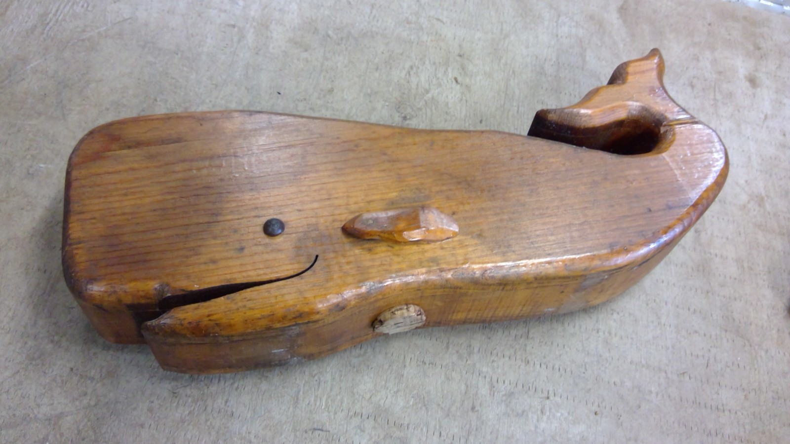 VINTAGE Wooden Sculpture Whale Bank 17.5” Long Folk Art Nautical Beach House