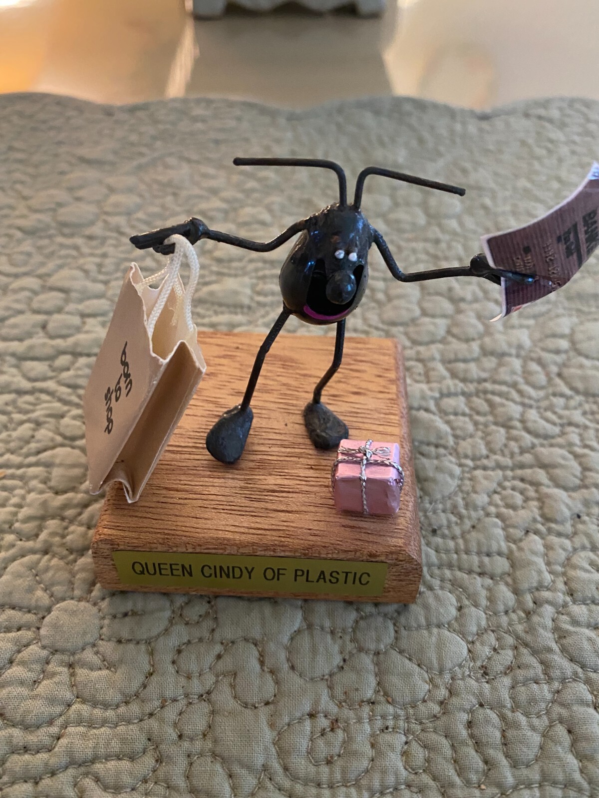 Vintage Hawaiian Sand Flea Figurine Metal Flea “Born To Shop” Hawaii Souvenir