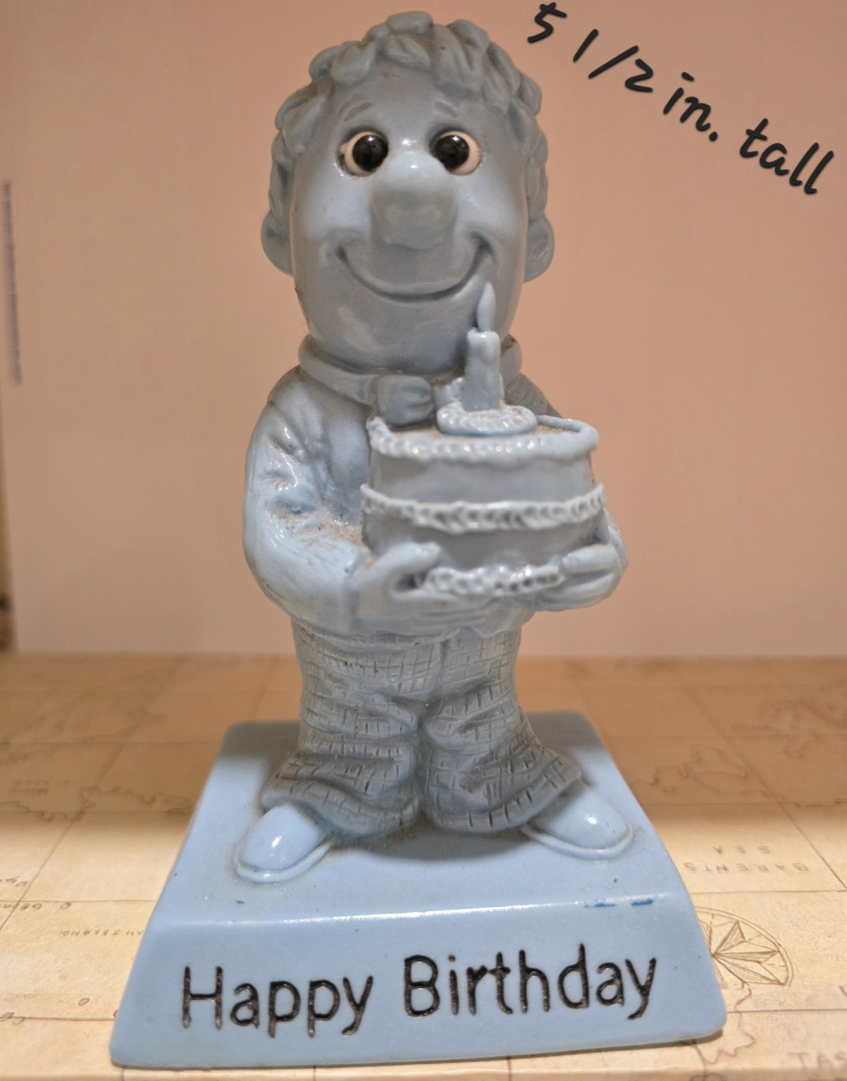 R&W Berries Co. Happy Birthday Boy Ceramic Figurine Glossy Blue 5 1/2 in 1970s