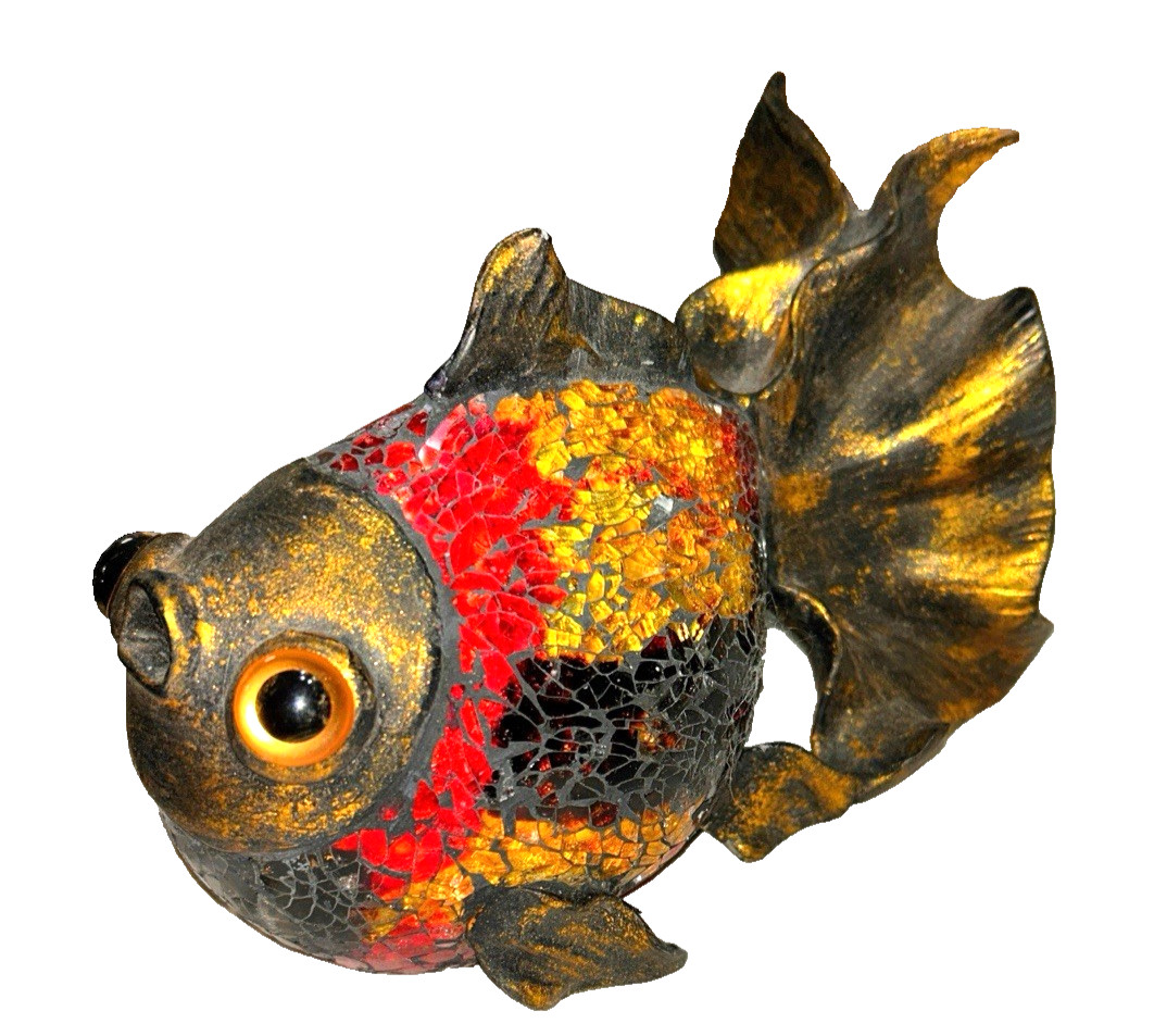 Golden Ceramic Red Glass Mosaic Inlay Glass Eyed Gold Fish 9″ x 7″ Heavy Figure