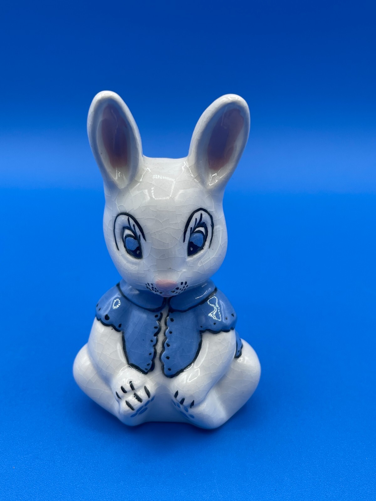 Vintage Bunny Rabbit Family Ceramic 3 Piece Bunnies Figurines Blue Overalls