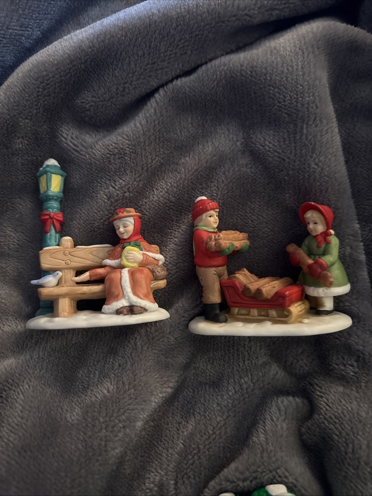 2 Vintage Lefton 1980s hand painted winter christmas sleigh & children & MsMary