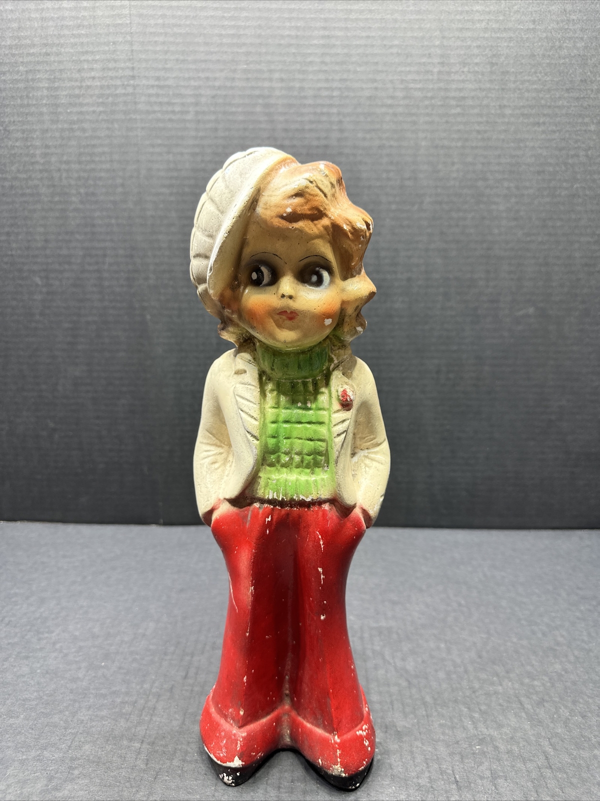 Vintage Chalkware Girl Carnival Prize figure White hat jacket Red bellbottoms