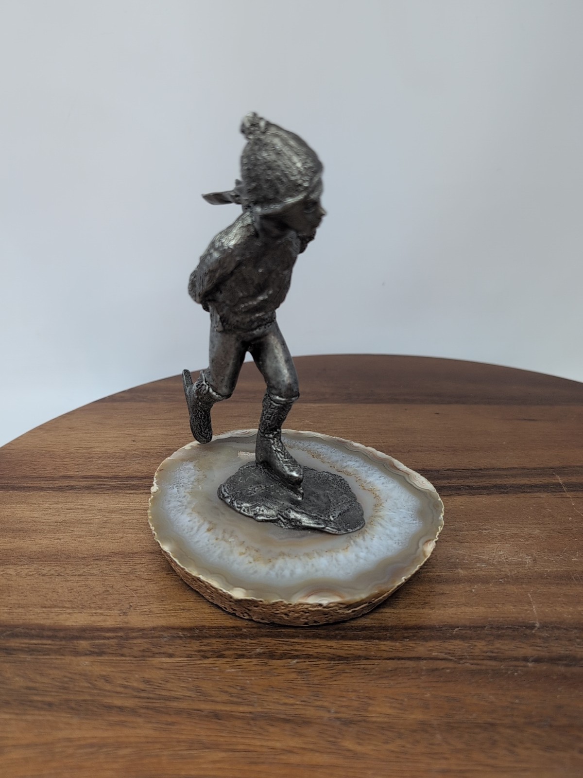 Pewter Figure, Young Boy Skating on a Lake of Banded Agate, Signed/Dated