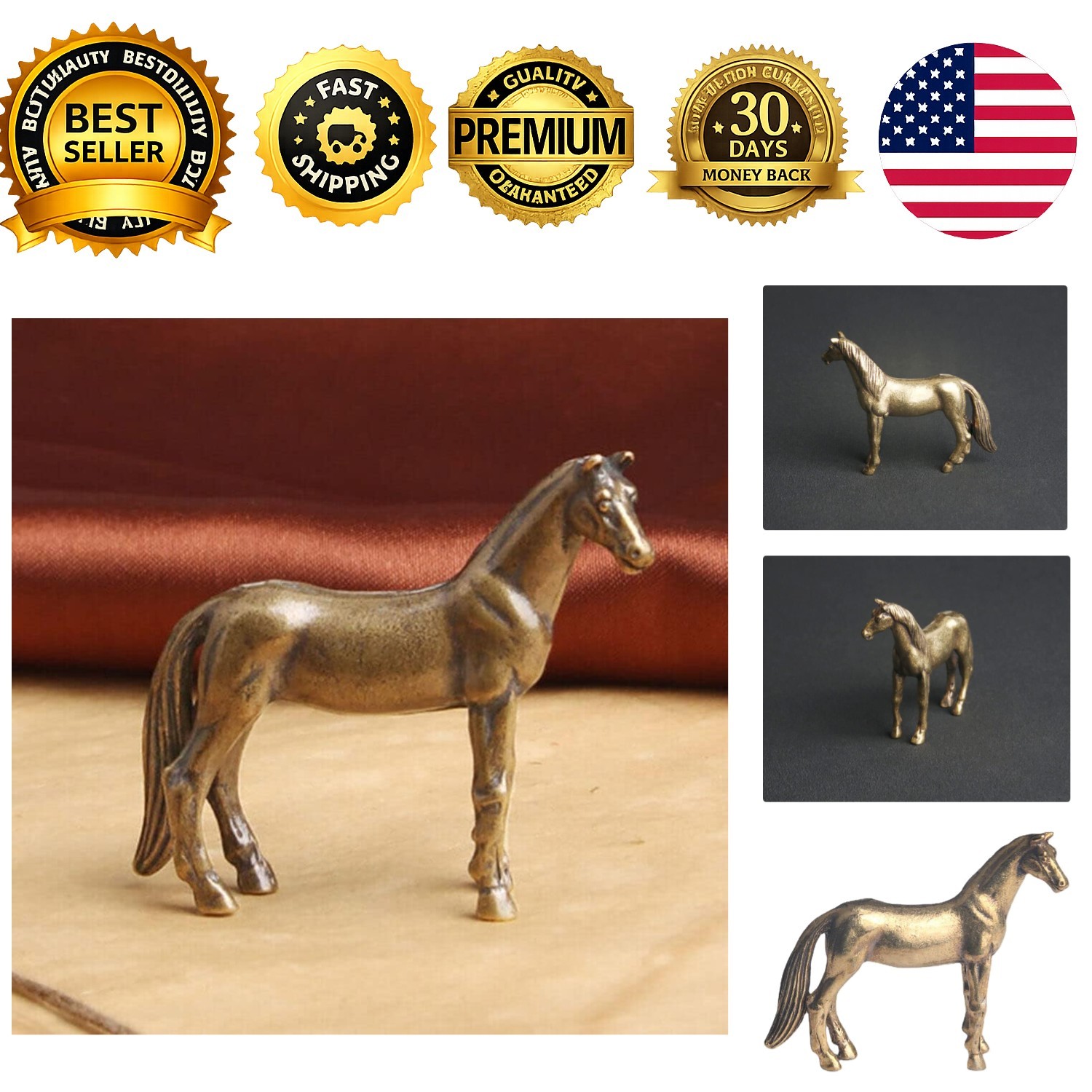 Small Brass Horse Figurines Statue Set House Office Ornaments Animal Decor