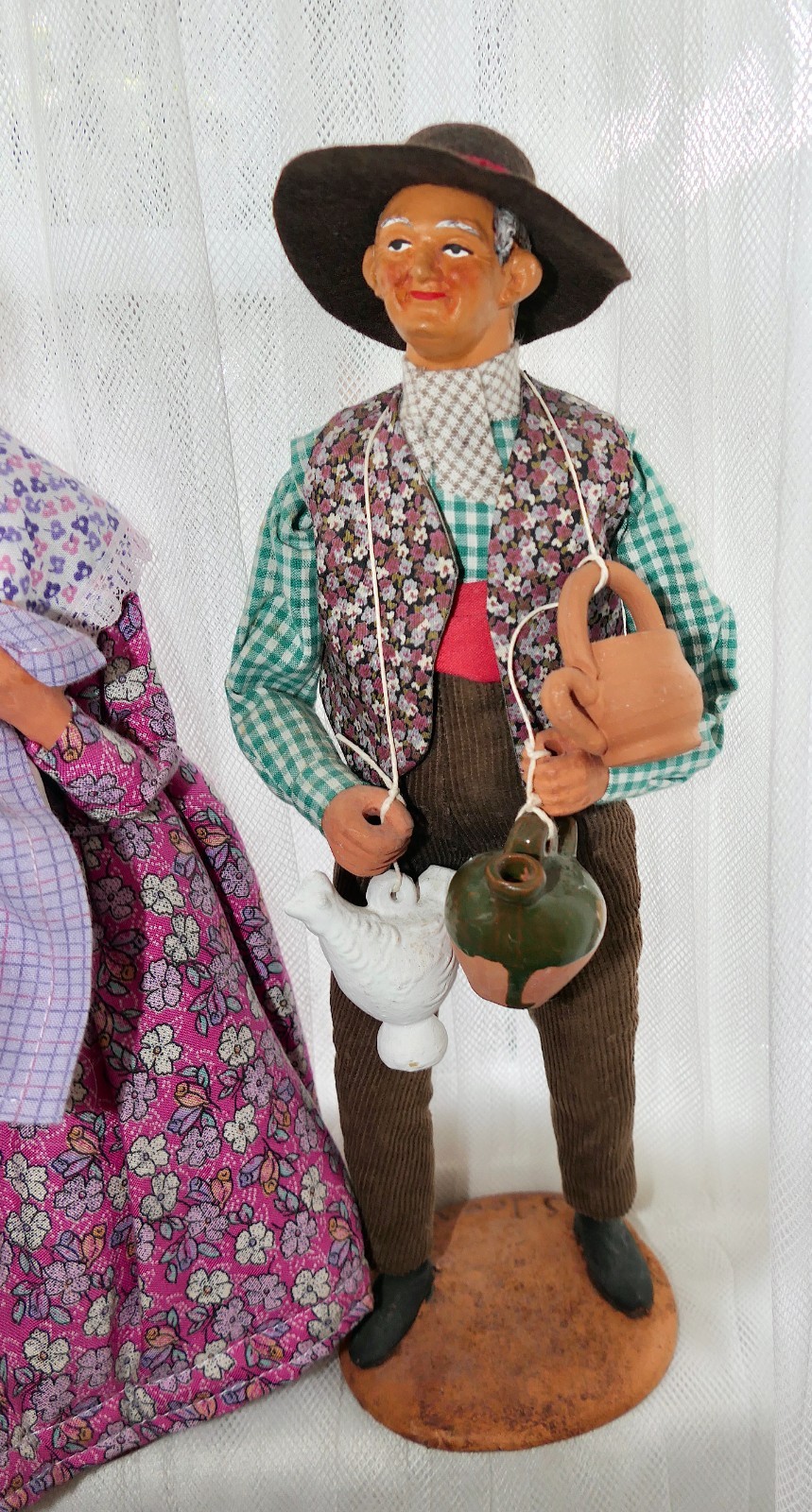 Vintage Santons France Signed Simone JOUGLAS Terracotta HP Old Couple Figurines