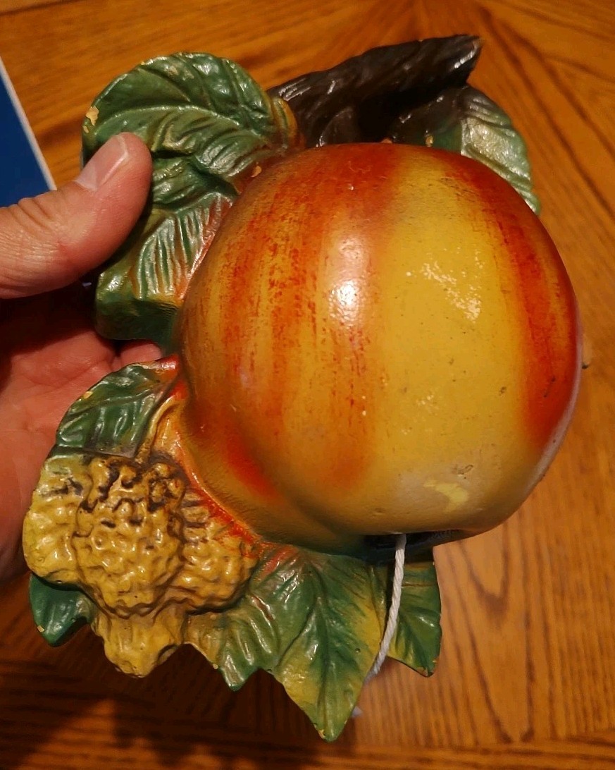 Rare 1950s Chalkware Apple Peach Fruit String Holder Wall Decor Art Plaque USA