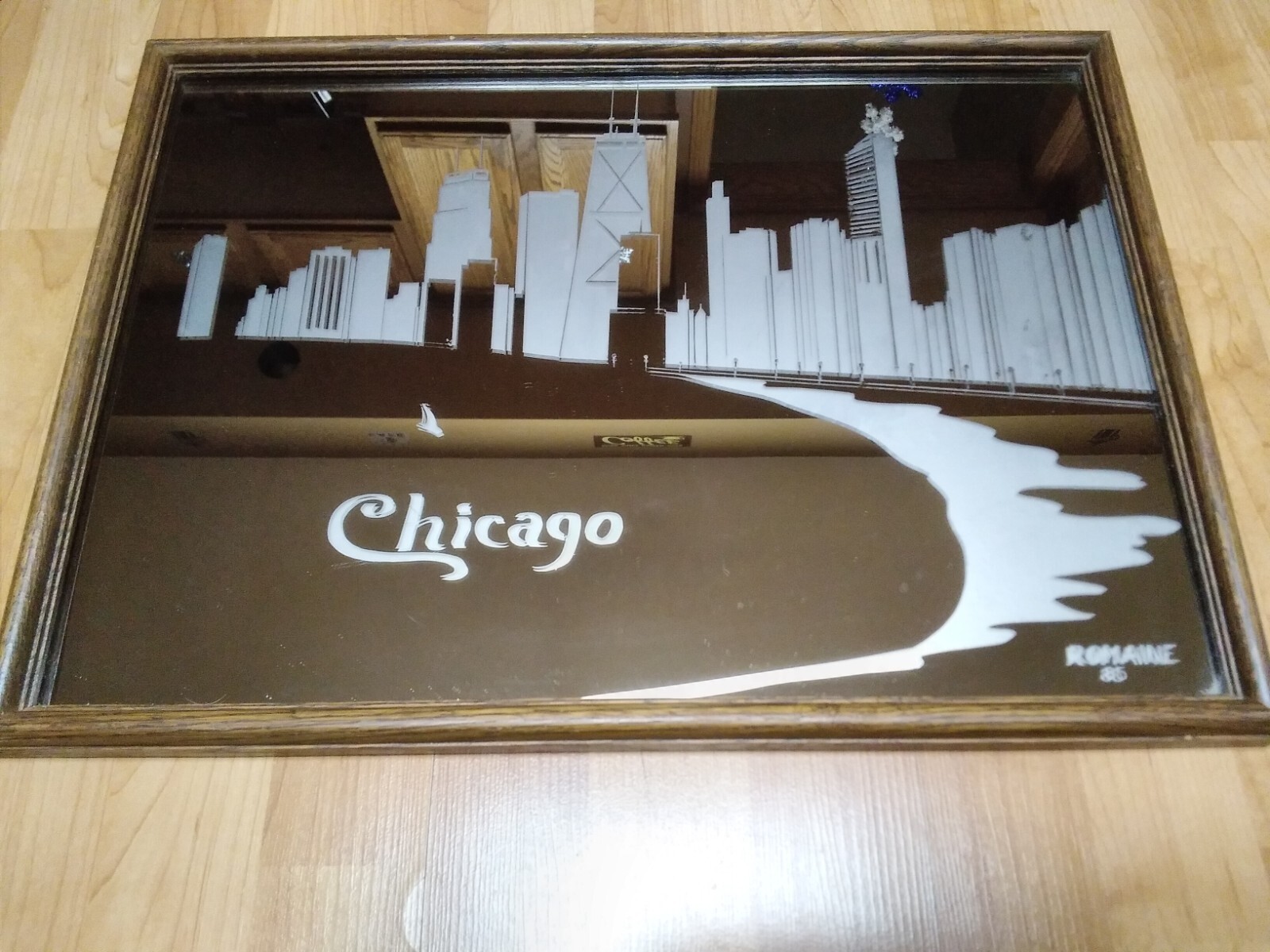 1985 CHICAGO SKYLINE FRAMED MIRROR FROSTED GLASS SIGNED ROMAINE 85 (21 X 15)