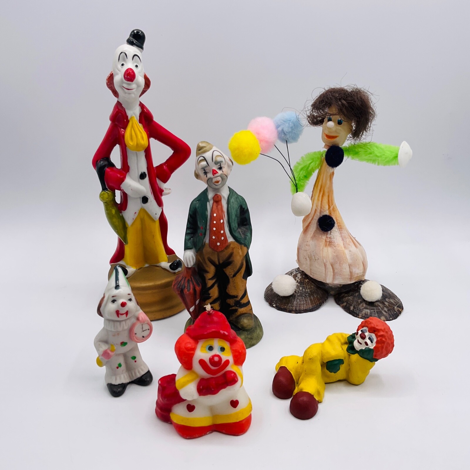 VTG Clown Lot of 6 Figurines Mixed Ceramic Resin Wax Hair Shell Circus Cake Top