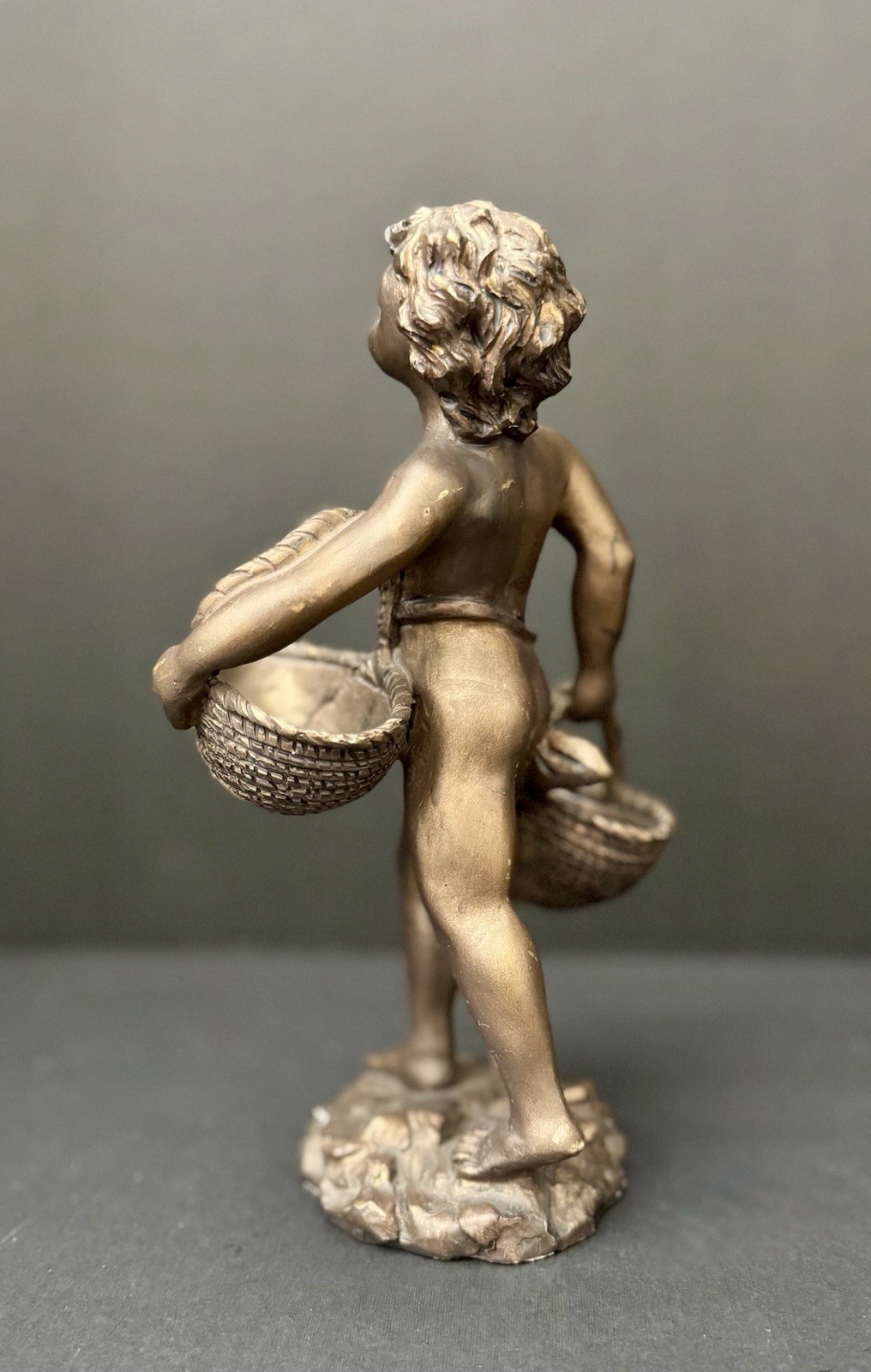 Vintage Cherub Putti Basket Figure Art Nouveau Bronze Finish Decorative Statue