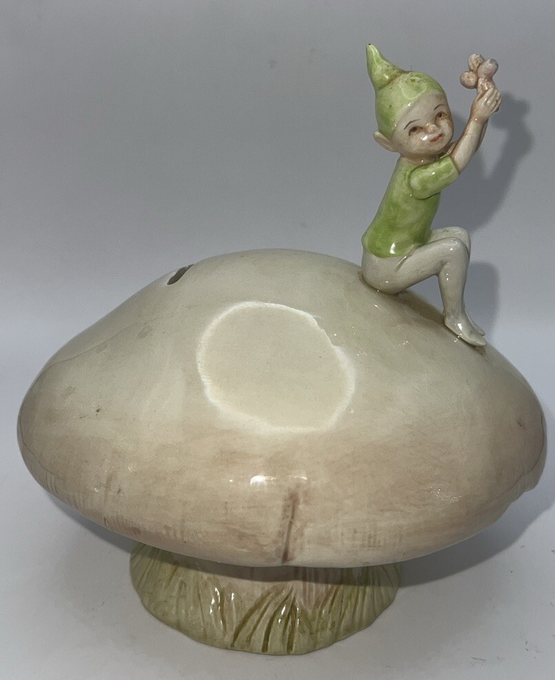 Vintage WINTERTHUR Pixie Elf On A Mushroom Bank J.Willfred Sadek Signed: Andrea