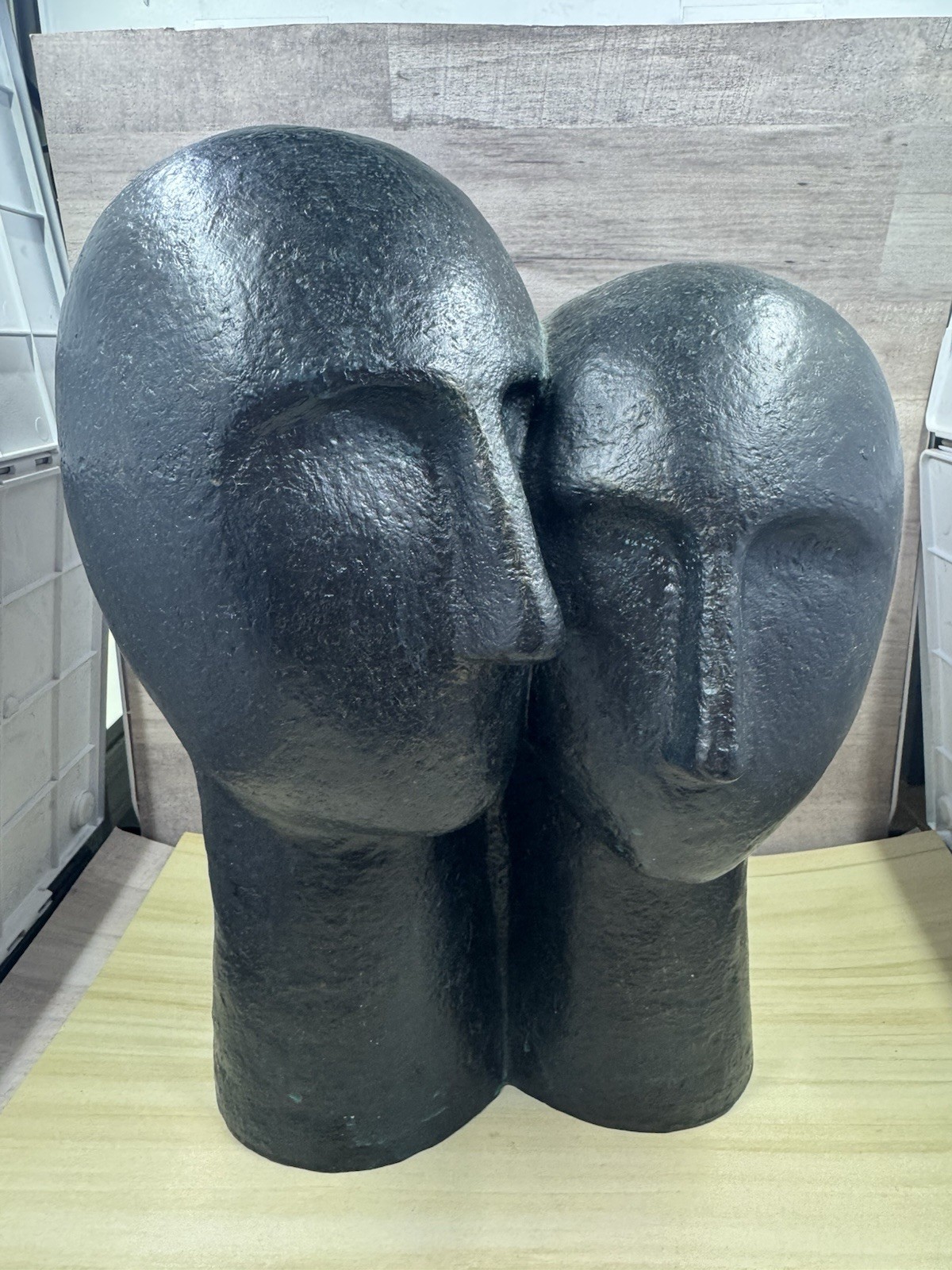 Contemporary Two Heads Resin 11” Sculpture Black Blue Patina