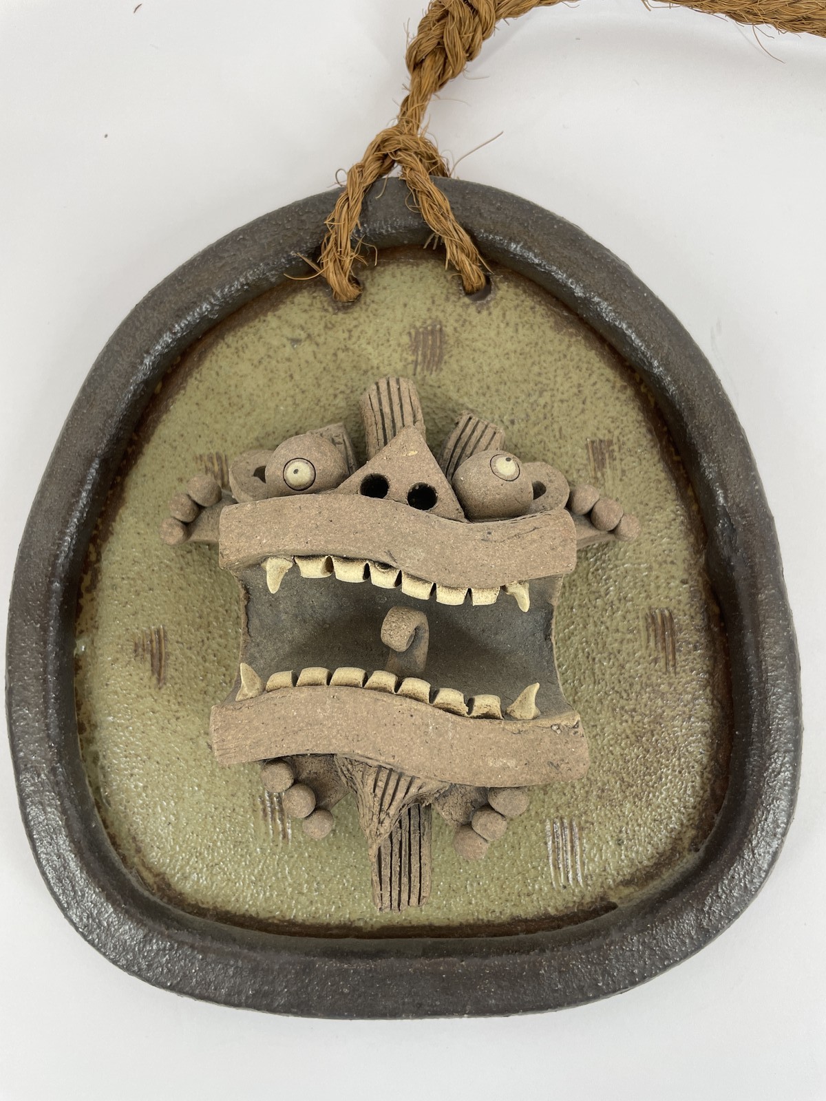 Handmade Clay Pottery Wall Hanging Art Sculpture Monster Face Figure Signed