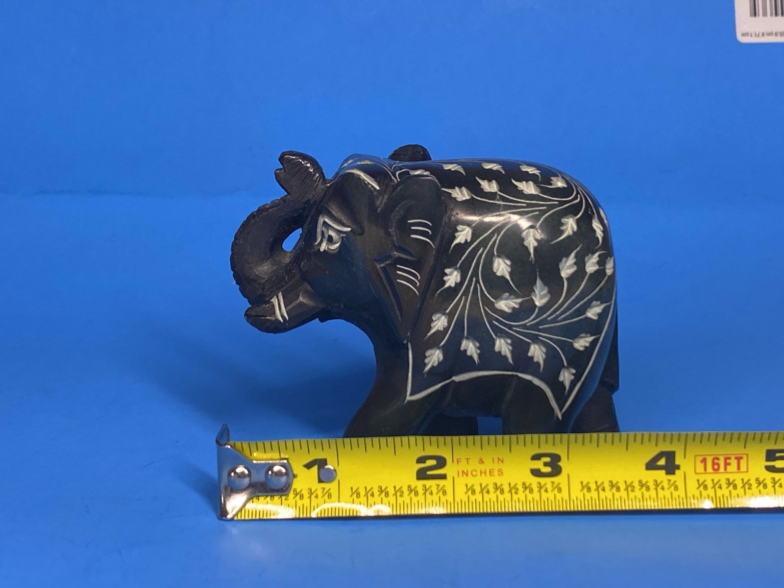 Vtg Carved Onyx Elephant Statue Figurine Trunk Up Heavy Black Stone 3″ x 3.5″