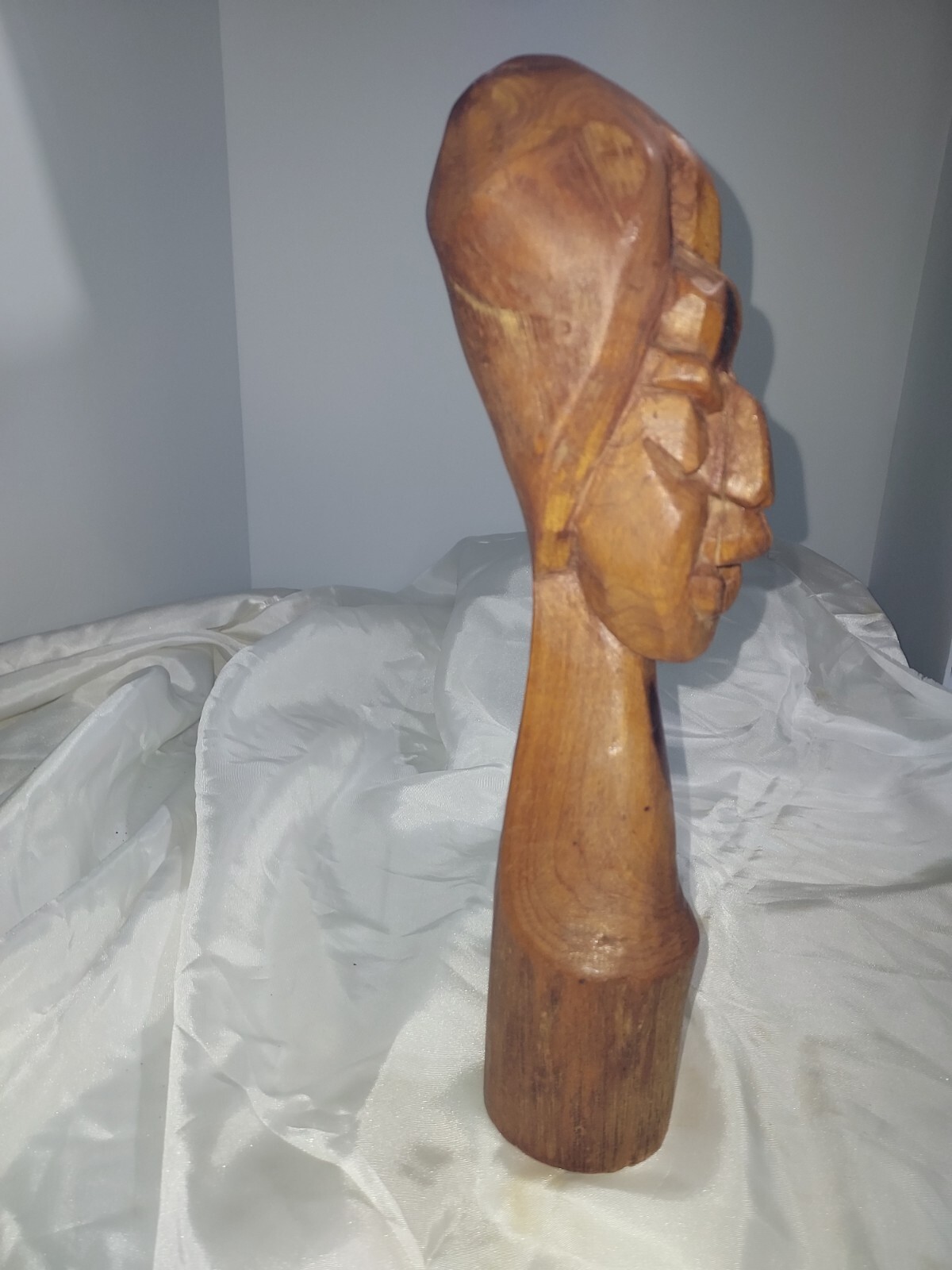 Hand Carved wood HEAD face 11” TALL bust figure sculpture Nose Cracked See Pics