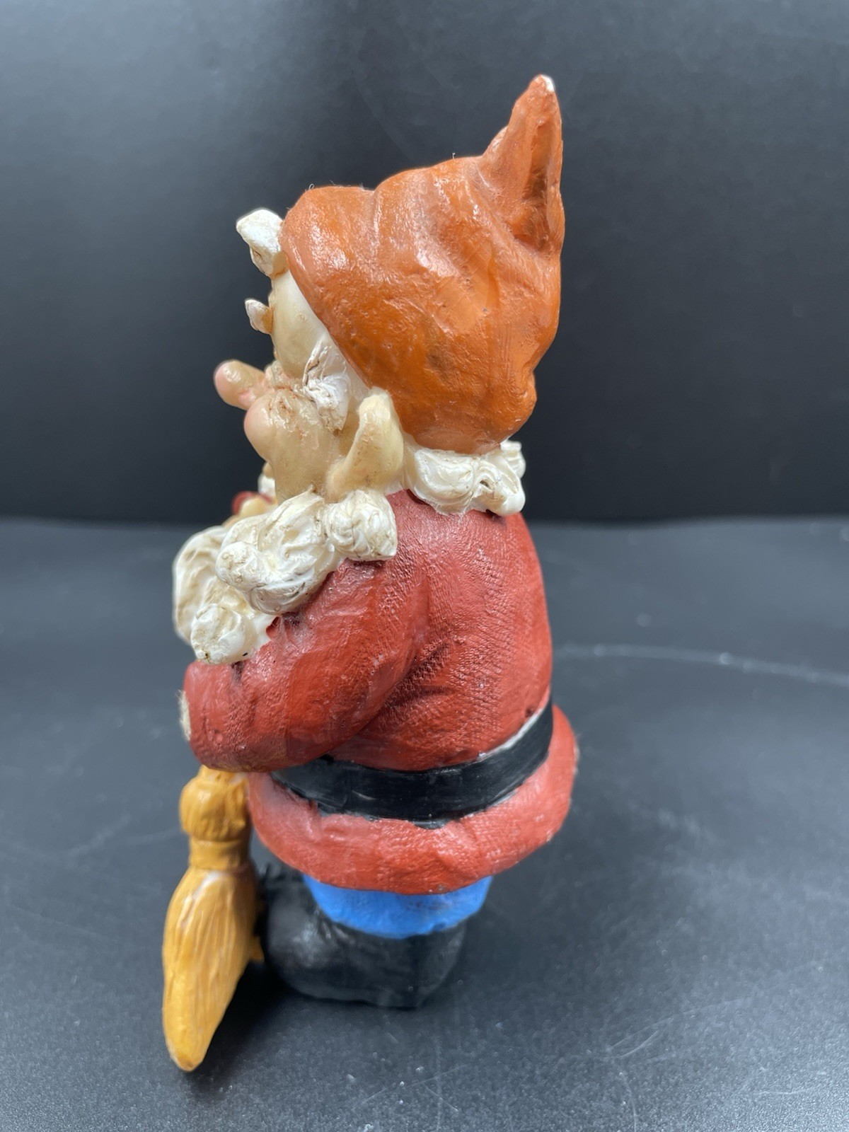 OOAK Mini Garden Gnome Dwarf Sweeping Happy Smiling Resin 4.5” Multicoloured VTG