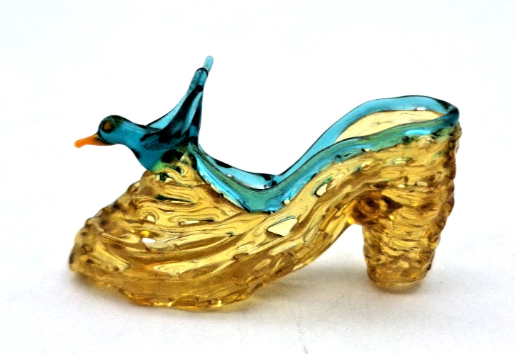 Vintage Amber Spun Art Glass Slippers Shoes Heels with Bluebird 2″
