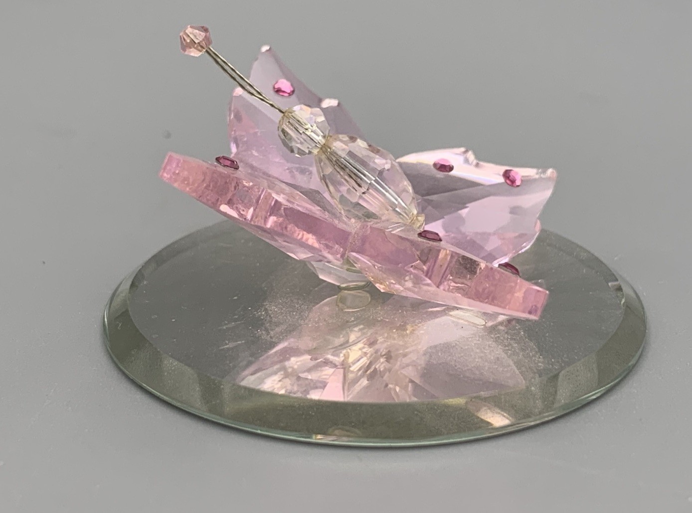 Pink Crystal Butterfly Figurine on Round Mirror Base 1 x 2 inch