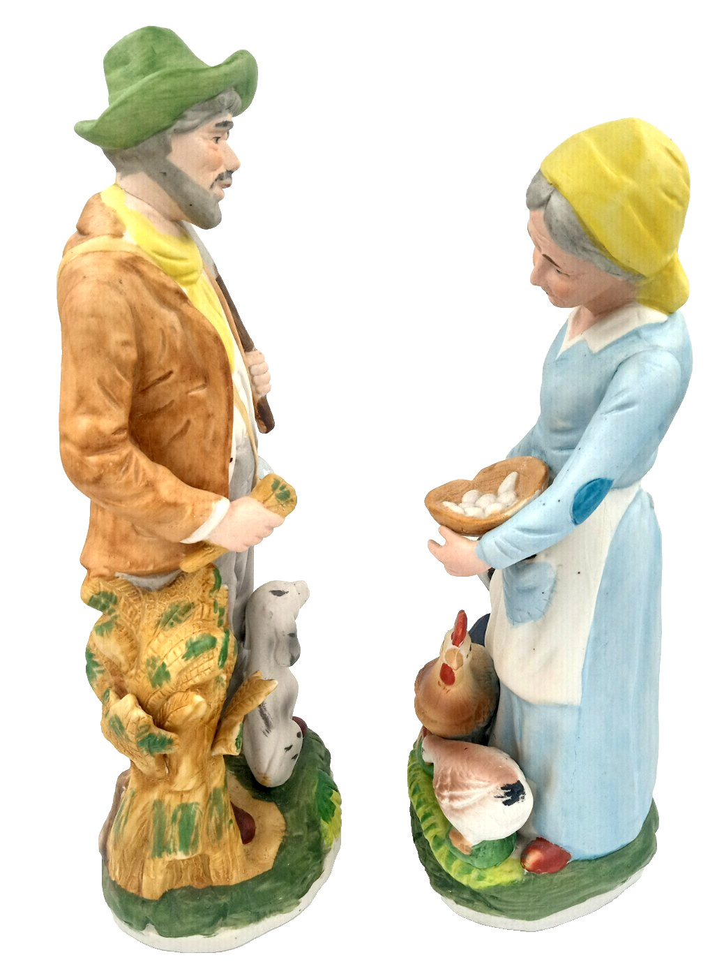 Vintage Farmers, 12 Porcelain Figurine Set Old Man and Woman with Dog & Chickens
