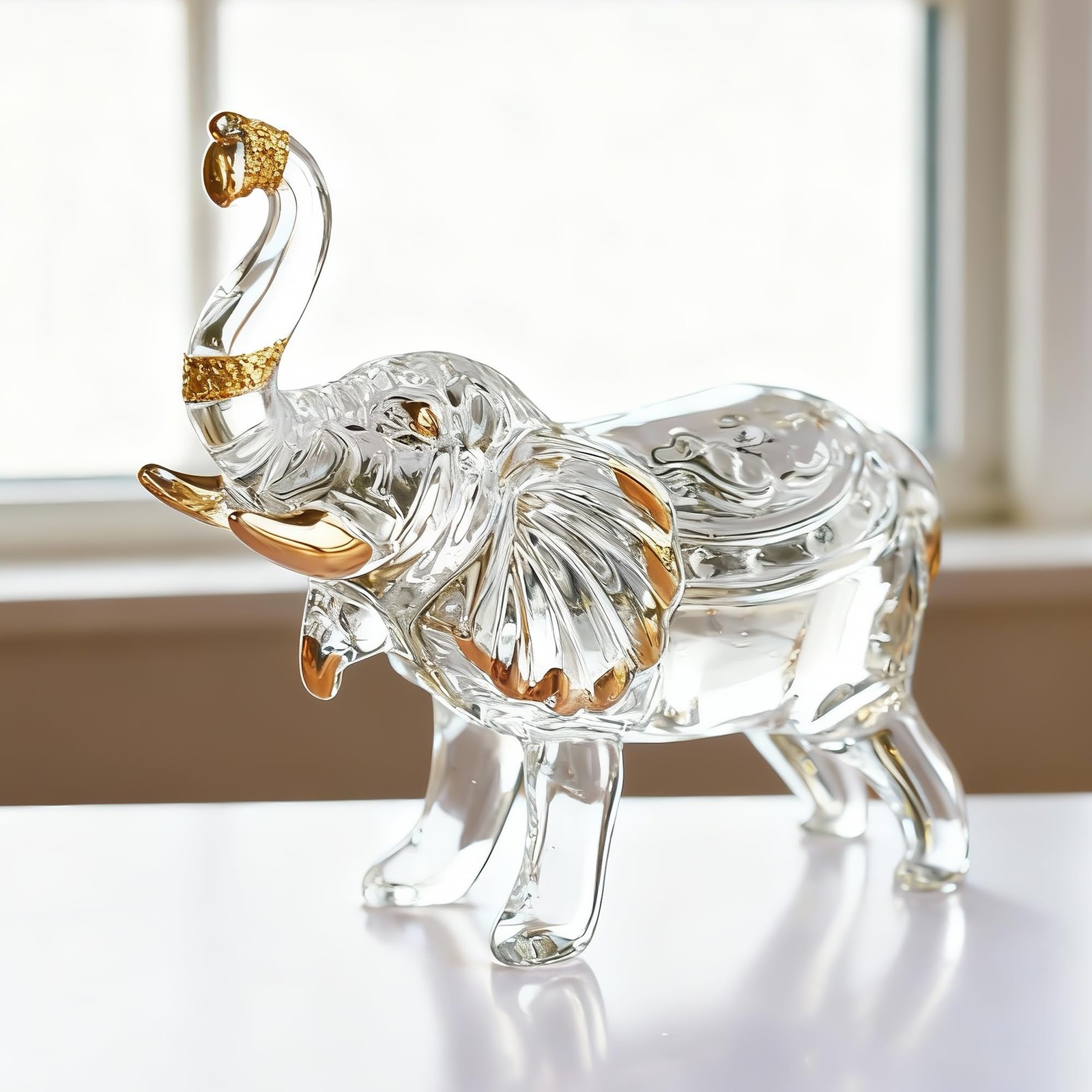 Handmade Crystal Thai Elephant Statue with Trunk Raised Figurine Home Decor T…