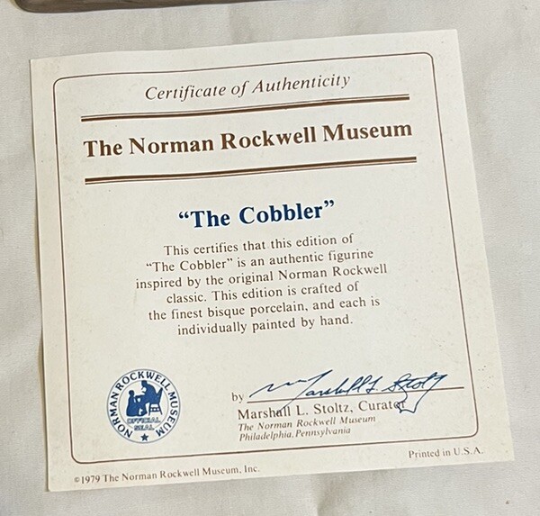 82 Signed Norman Rockwell “Cobbler” Marshall Stoltz Hand Painted Museum Figurine