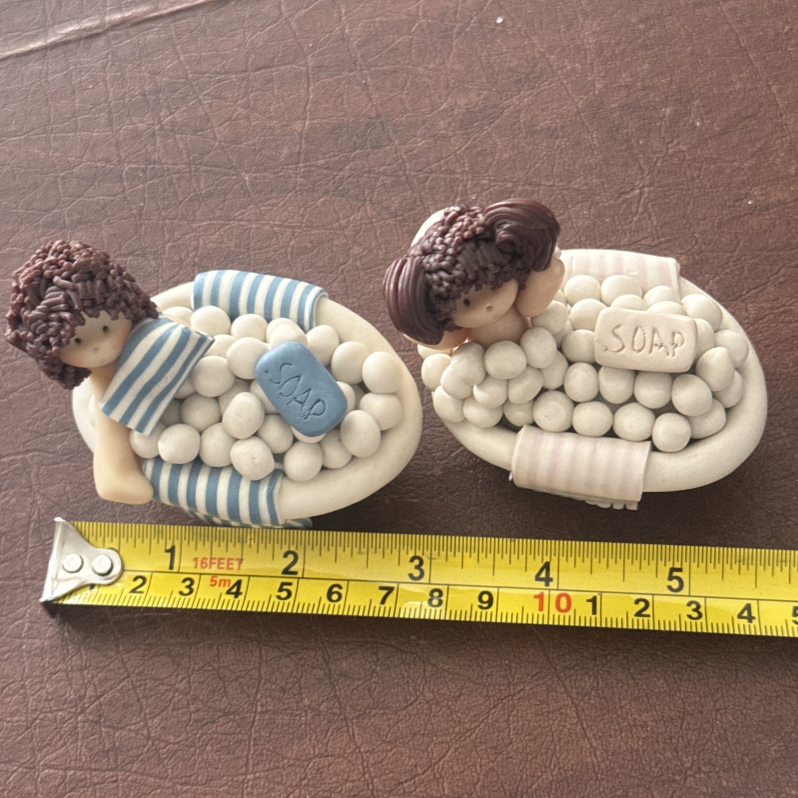 Vtg 1993 Polymer Clay Bath time Bubbles Boy & Girl Figurines; Set Of 2