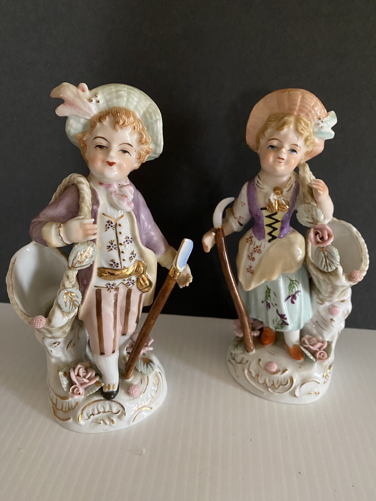 Porcelain Baroque Style Girl Boy Figure Statue Vase Gold Trim Decor Vtg Flawed