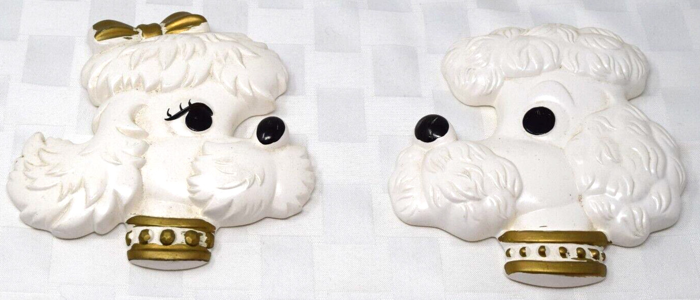 Vintage Anthropomorphic French Poodle Heads Chalkware Male Female Wall Hangings