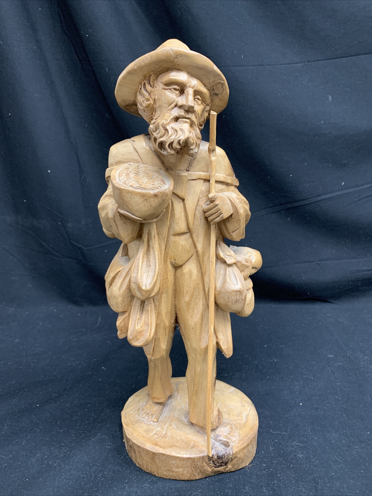 Vintage 16.5″ Hand‑Carved Wooden Folk Art Man Figurine – Rustic Traveler Statue