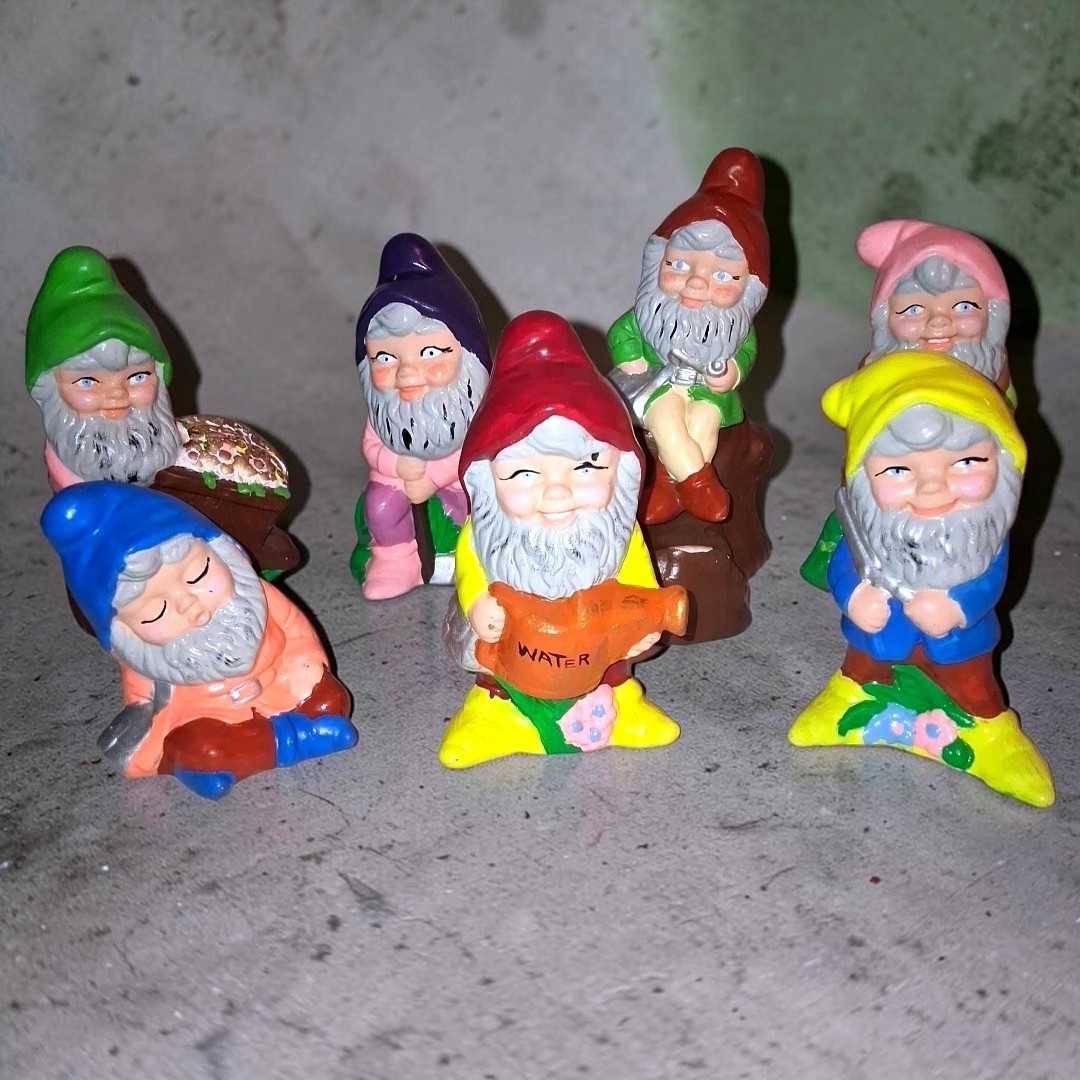 VTG 1976 Polly Hand Painted Ceramic Garden Gnomes Set of 7 Whimsical Figurines