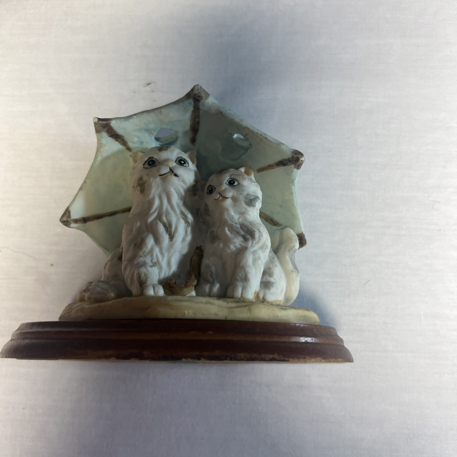 Vintage Wood Base Porcelain Cats Figurine. Cats Sitting Under Holey Umbrella