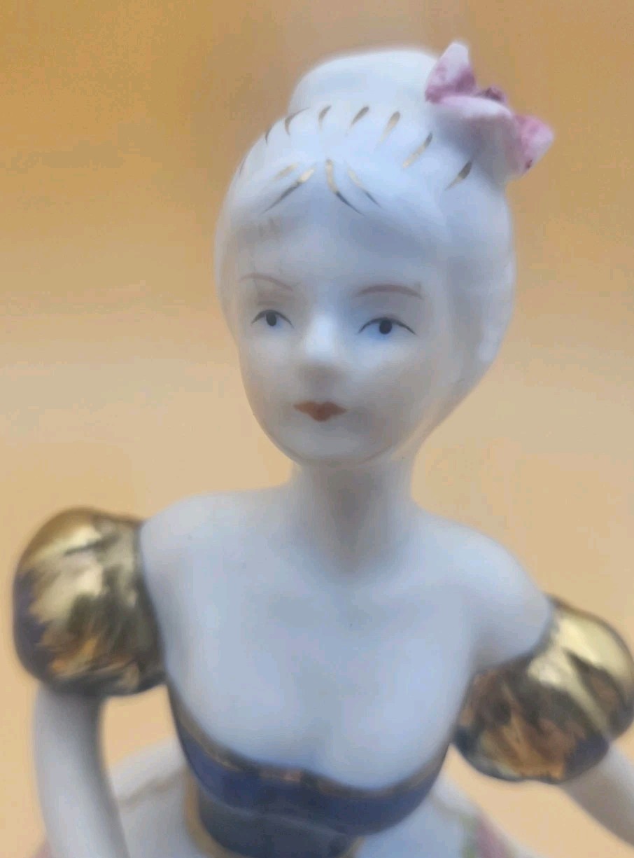 Cracker Barrel Victorian Dancing Lady Porcelain Figurine Flowers Gold Trim 7.5”