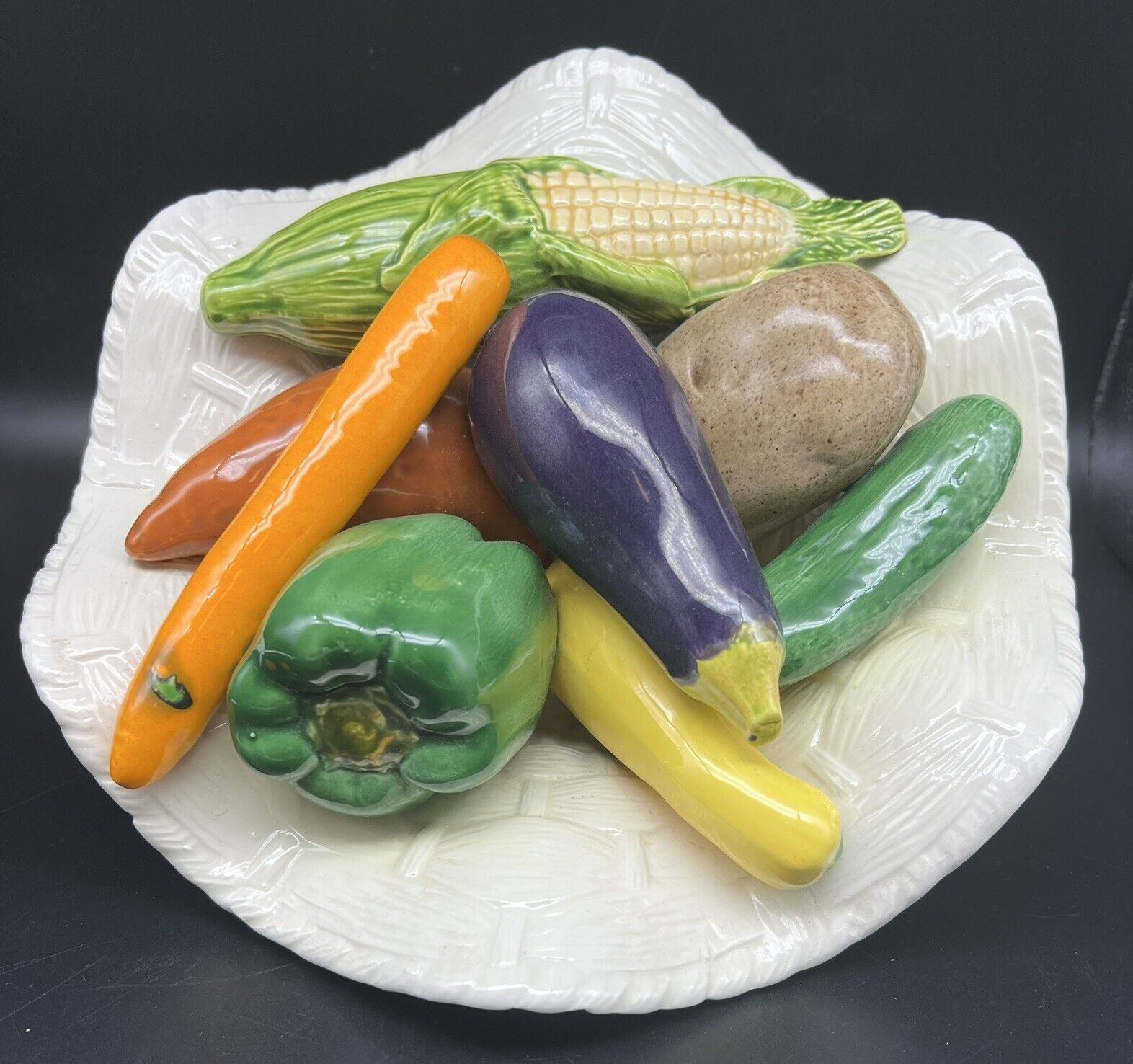Vintage Hand Painted Ceramic Vegetables in a Bowl Centerpiece 11″ Basket Weave