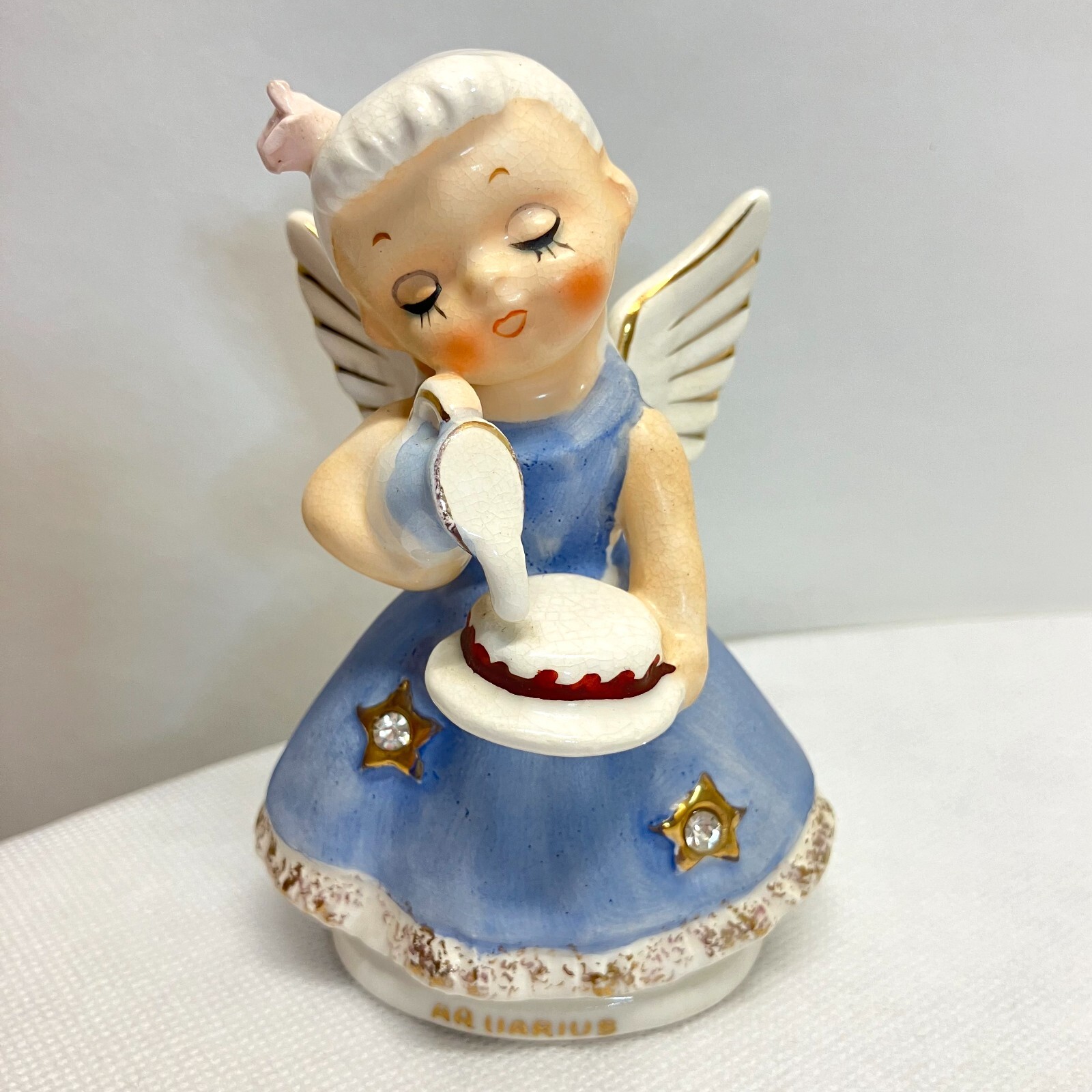 RARE MINT Napco Yoko Boeki Zodiac Horoscope Aquarius Angel Figurine Rhinestones