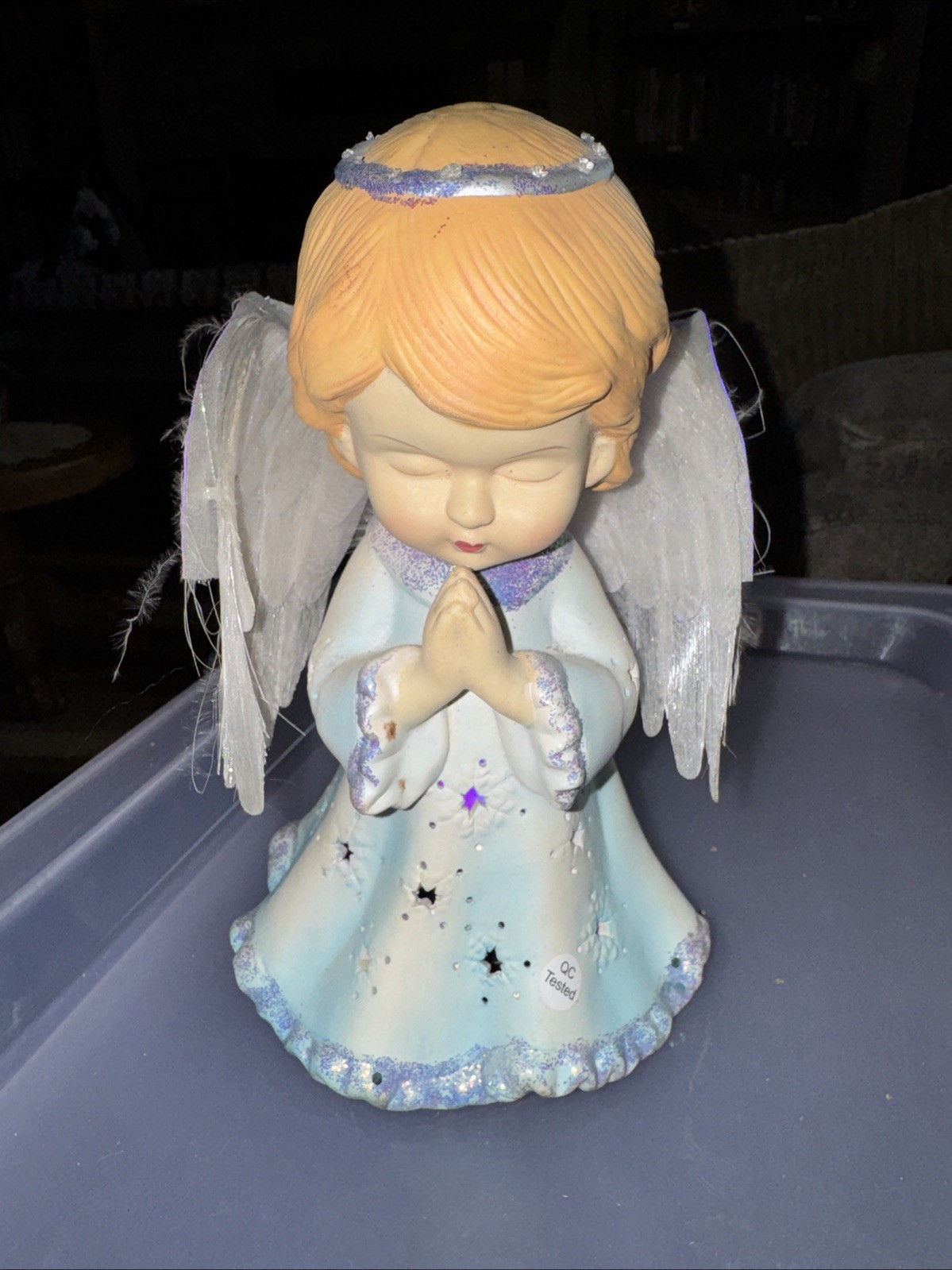 8 Inch Porcelain Angel With Fiber Optic Wings