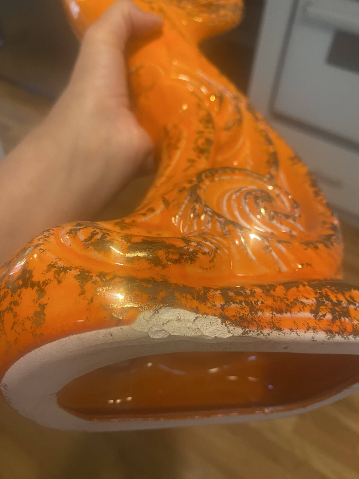 LARGE Vintage Mid Century Modern Orange Gold Ceramic Peacock Statue & Dish CALIF