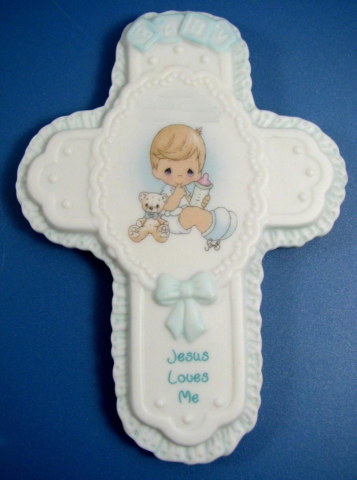 Precious Moments “Jesus Loves Me” Baby Boy Porcelain Wall Cross BAPTISM GIFT!