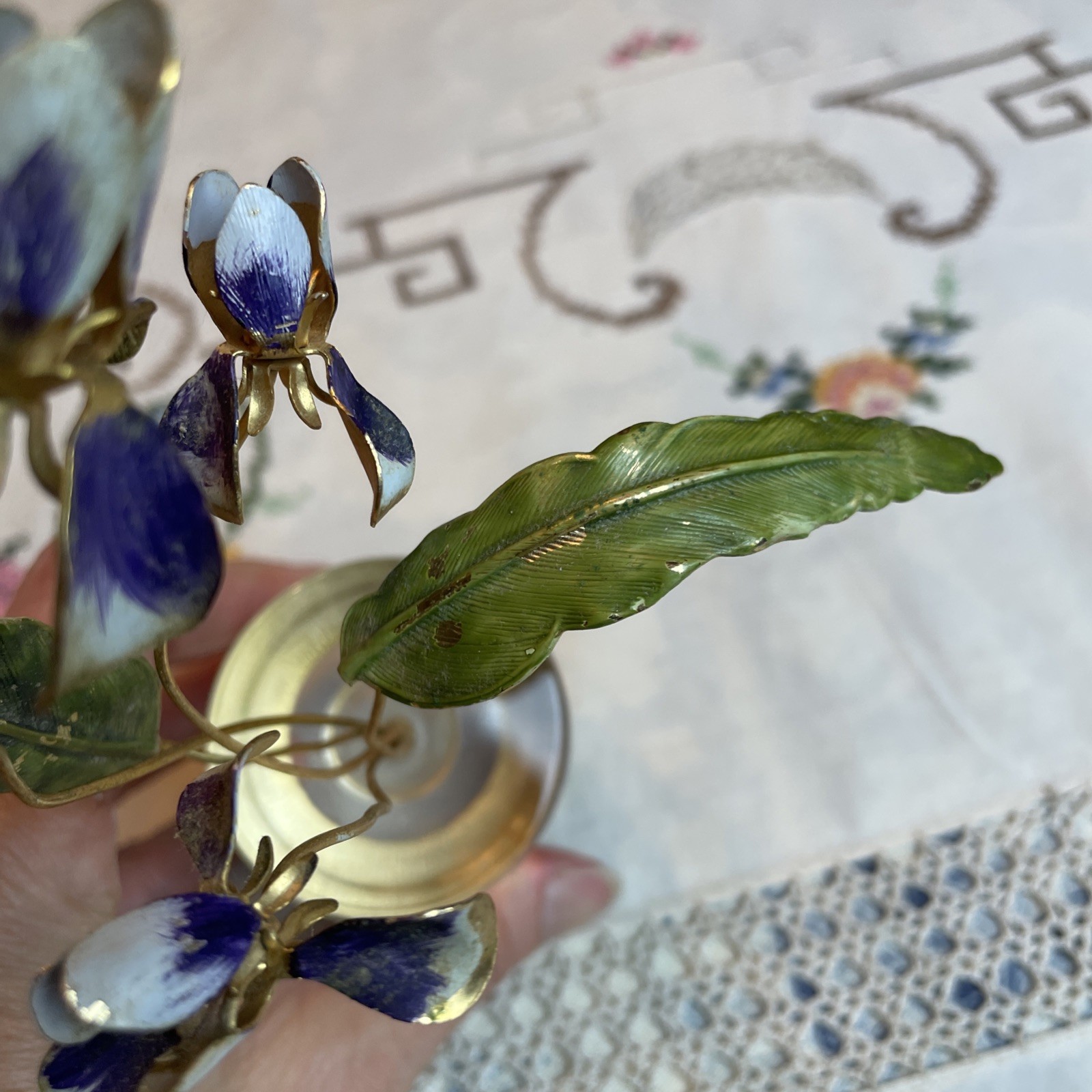 VTG Enameled Flowers w/Lucite Base Gorham Jane Hutcheson Fleurs Des Siecles