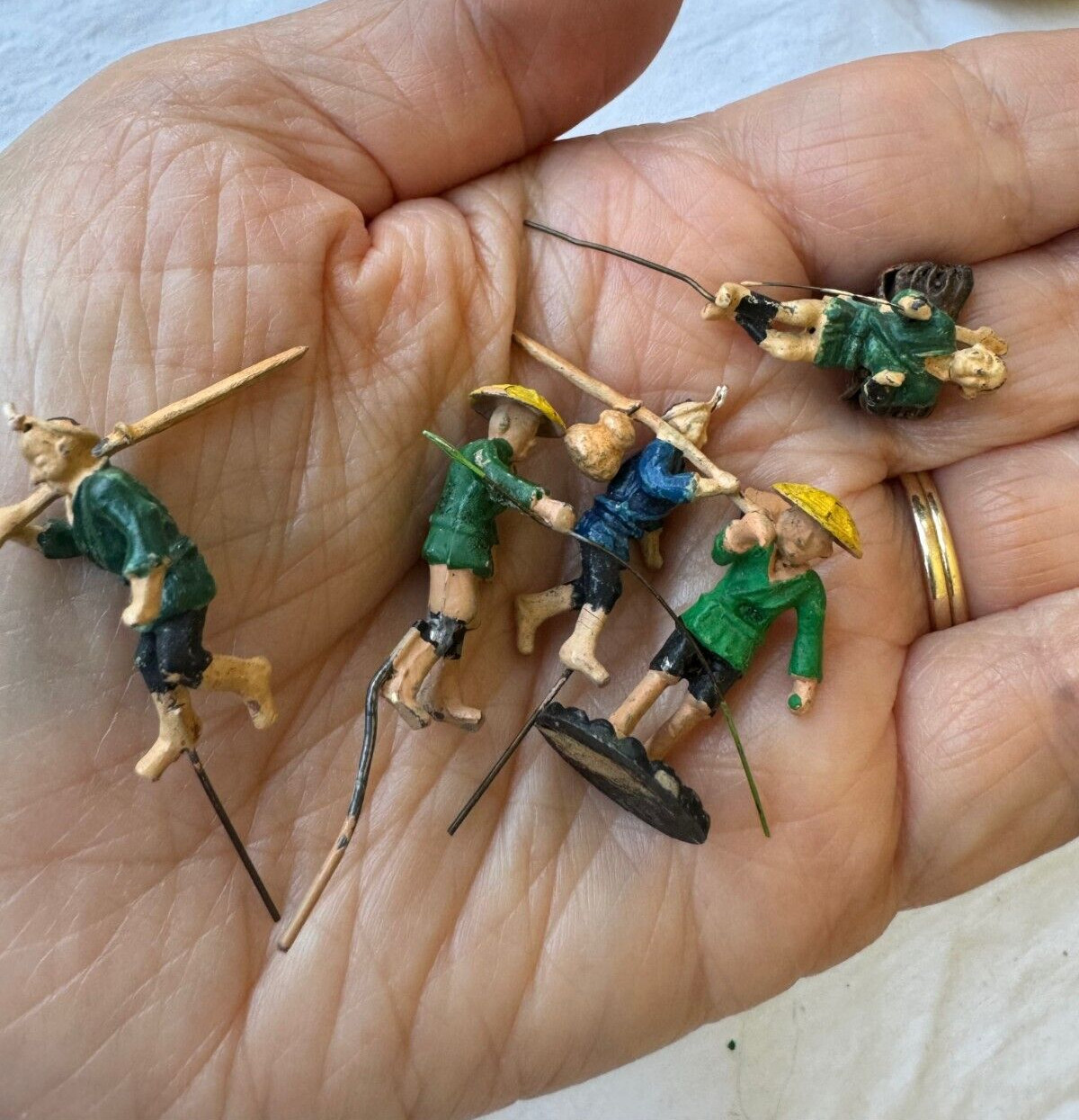 Lot of 5 Vintage Tiny Miniature Asian Figurines Lead Farmers Warriors