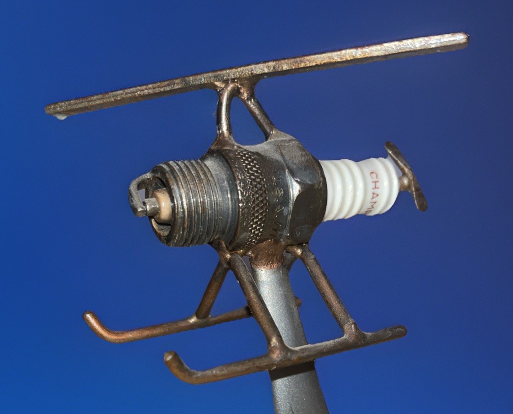 Vintage Metal Art Champion Spark Plug Helicopter Aman Welded 4.8” Tall Whimsical
