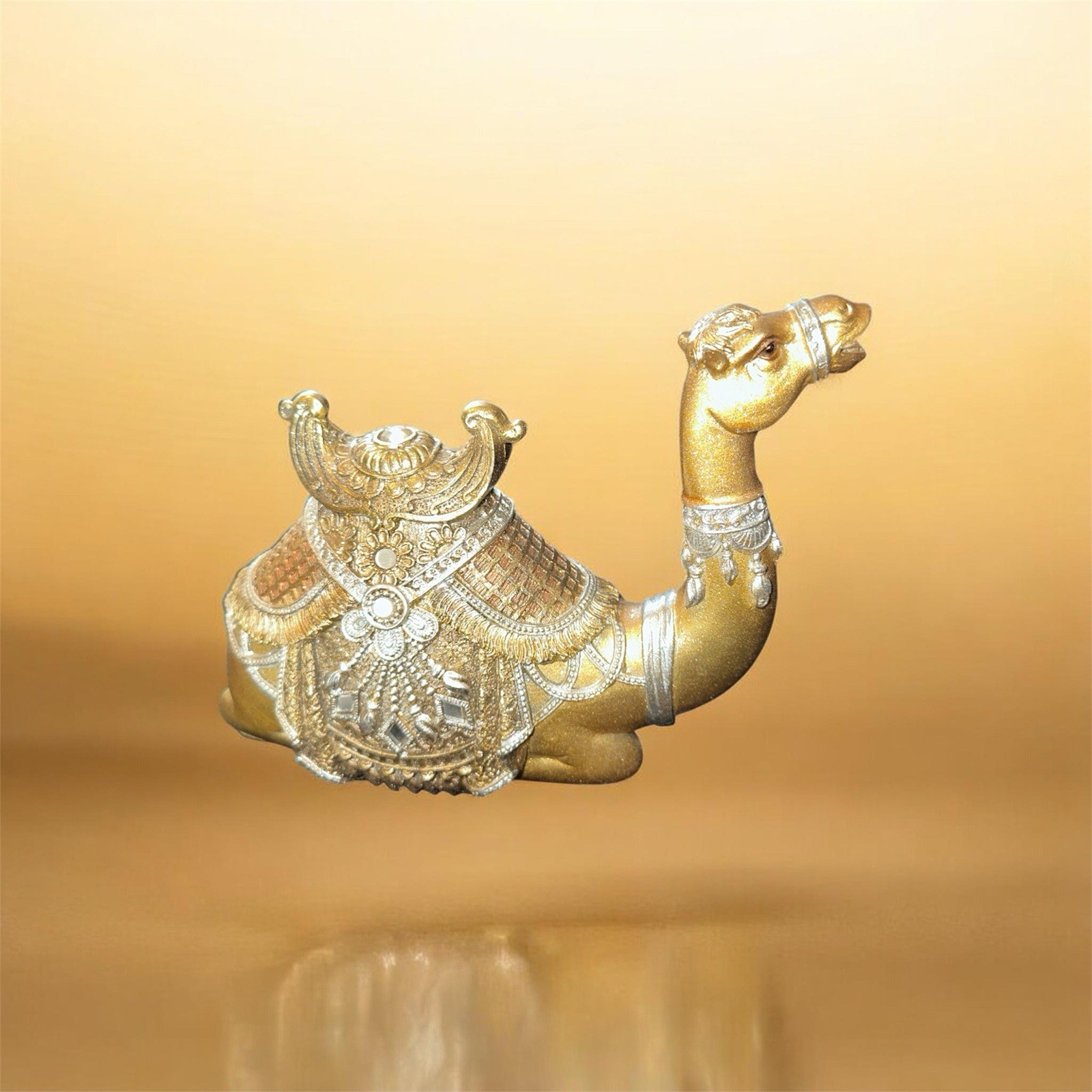Metallic Gold Silver Camel Figurine Sculpture with Textured Carvings
