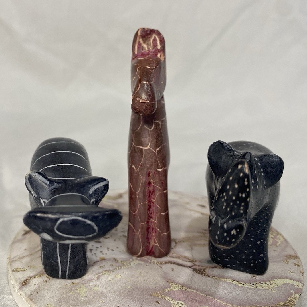 Stone Animal Figurine Set Hippo Giraffe Rhino Multicolor Carvings Small