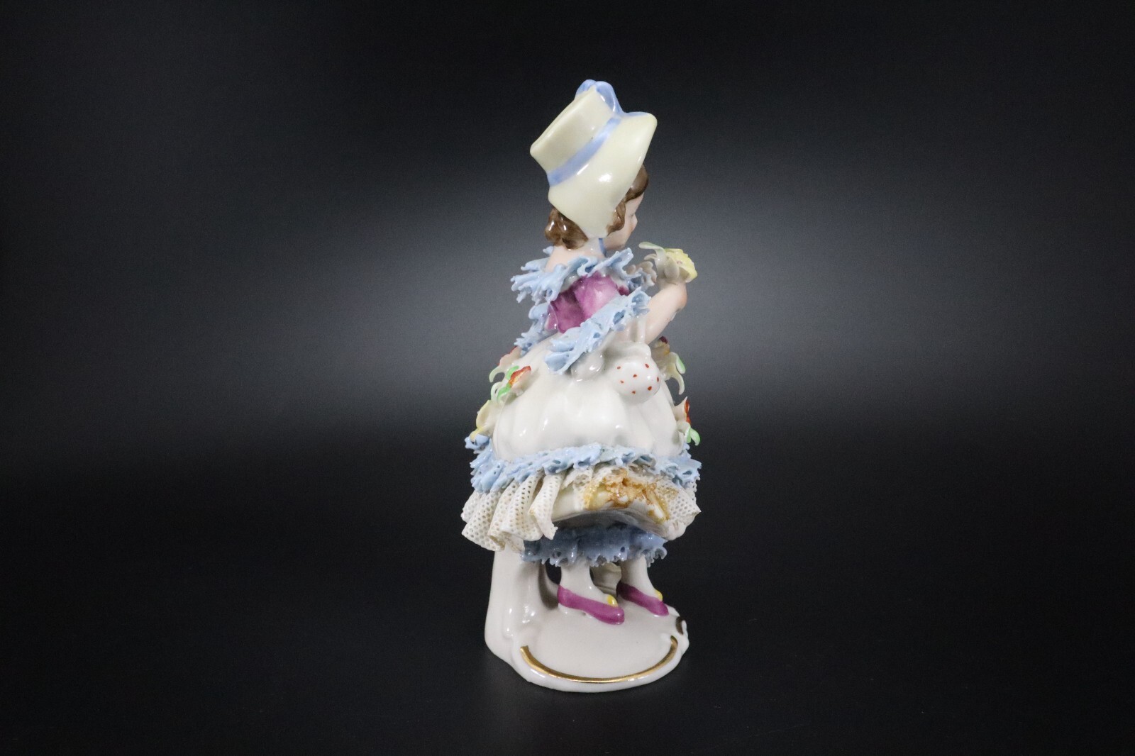 Dresden GIRL in BONNET Porcelain Lace FIGURINE #6 Flowers Germany